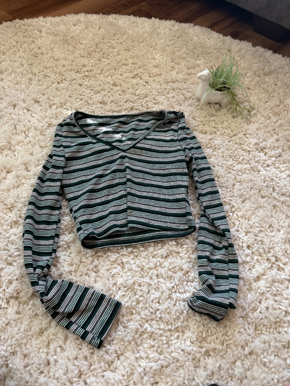 Casual Striped casual, streetwear spring V-Neck Long-Sleeve Crop Top - Green & B